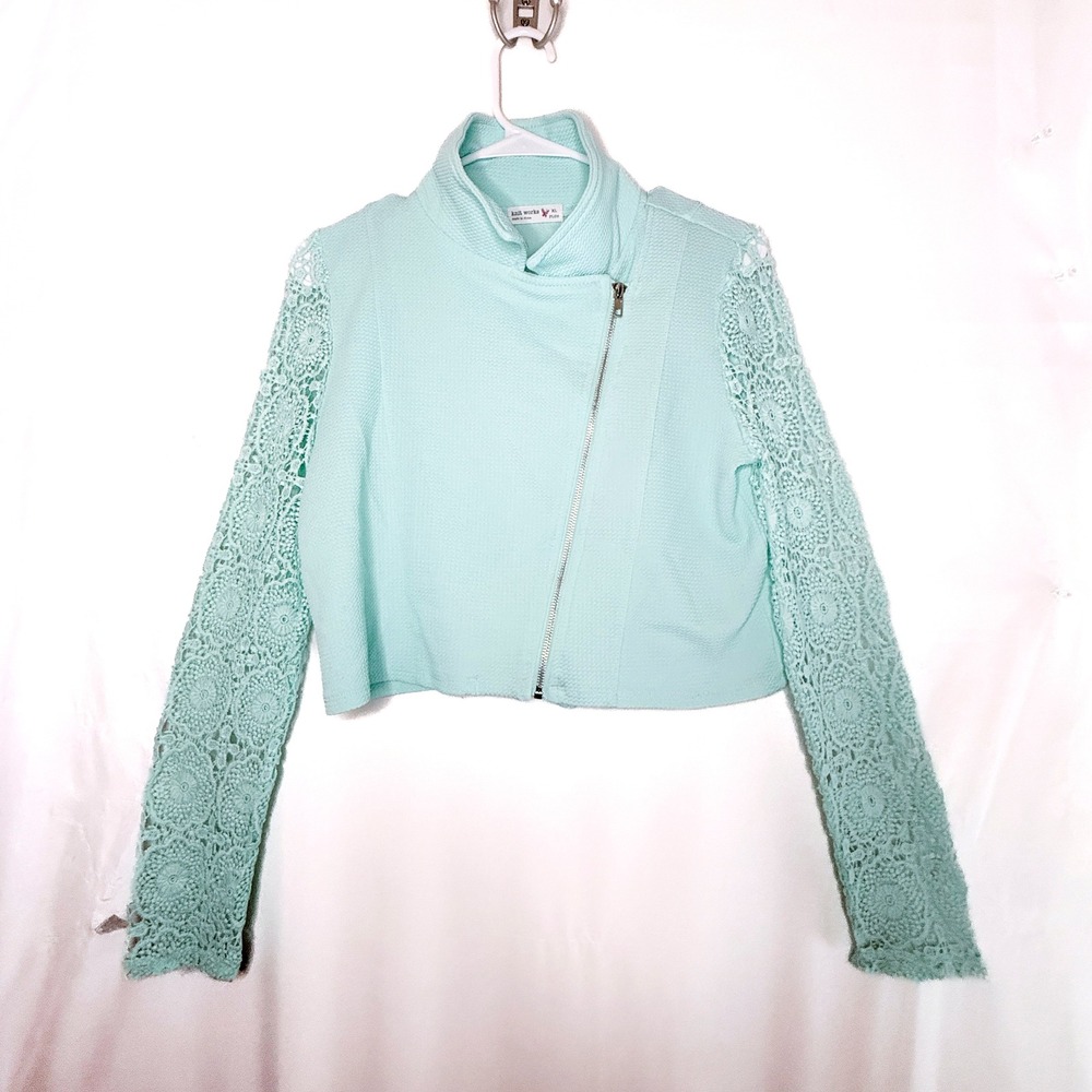 Knit Works Girls XL Plus Mint Moto Jacket Crochet Lace Sleeves Asym Zip